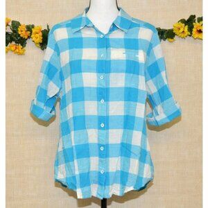 Foxcroft Women's Plus Size 14W Blue Plaid Button Front Blouse Top Cotton Pocket